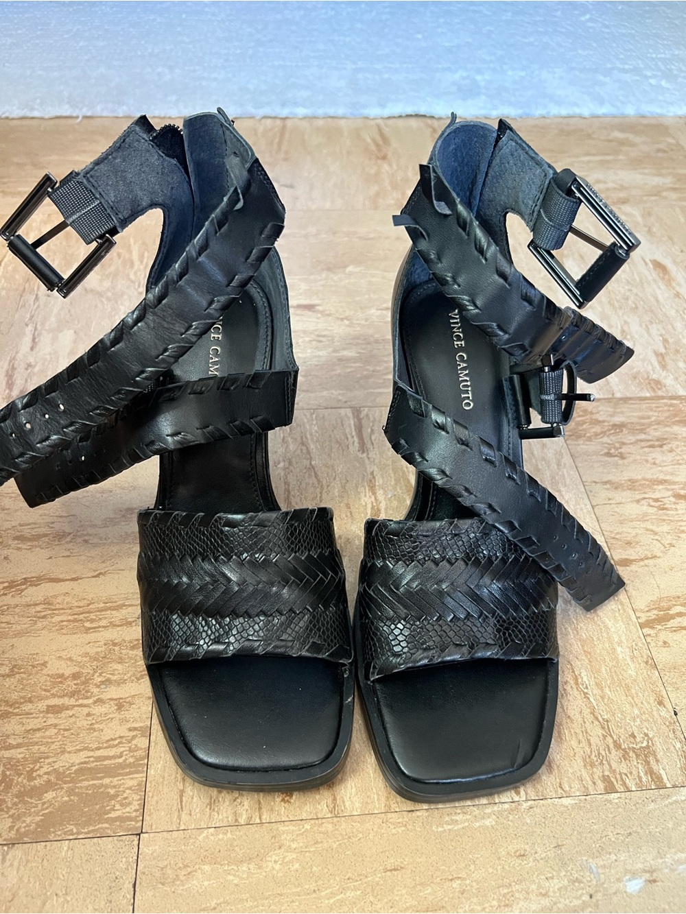 Vince Camuto Black Braided Leather Strappy Heels